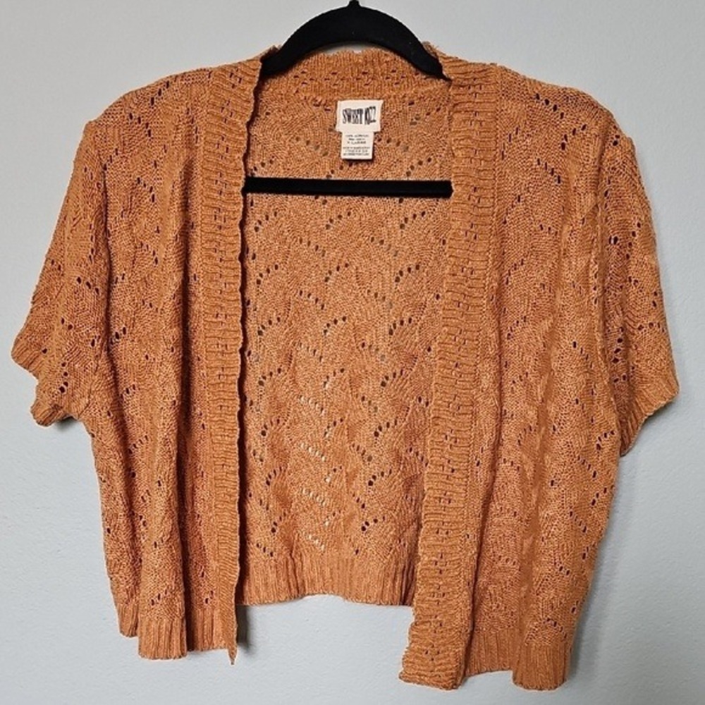 Sweet Kizz Pointelle Feminine Open Front Brown Short Sleeve Bolero Topper XL